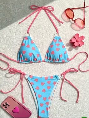 Kids Blue & Pink Heart Print Tie-Side Bikini